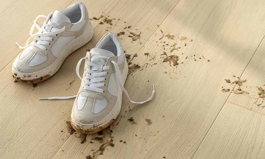 modderige schoenen op een houten vloer